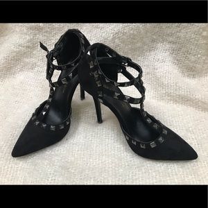 Chic black studded strapped heels